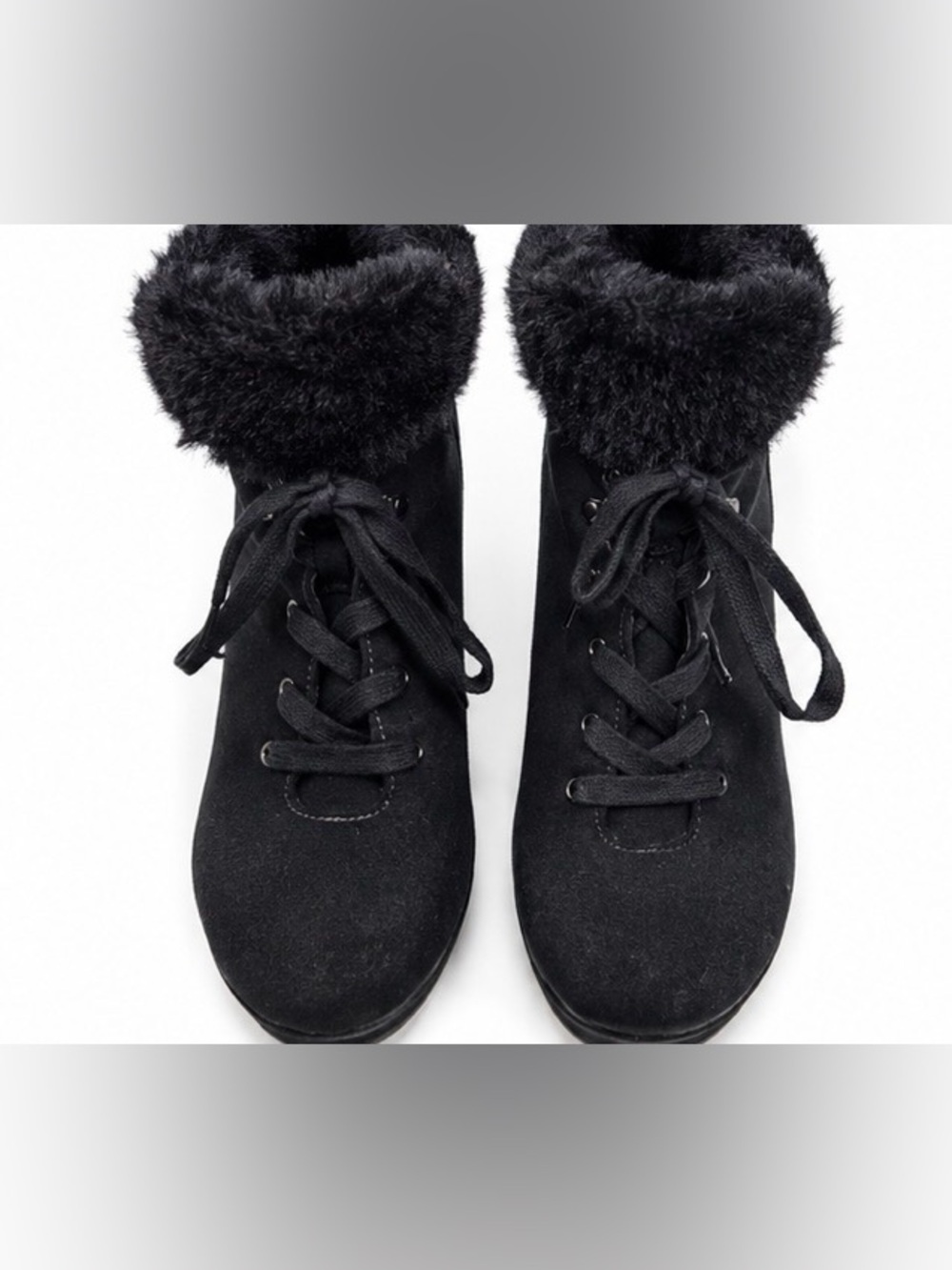 BAMBOO Black Faux-Fur Lace-Up Wedge Boots